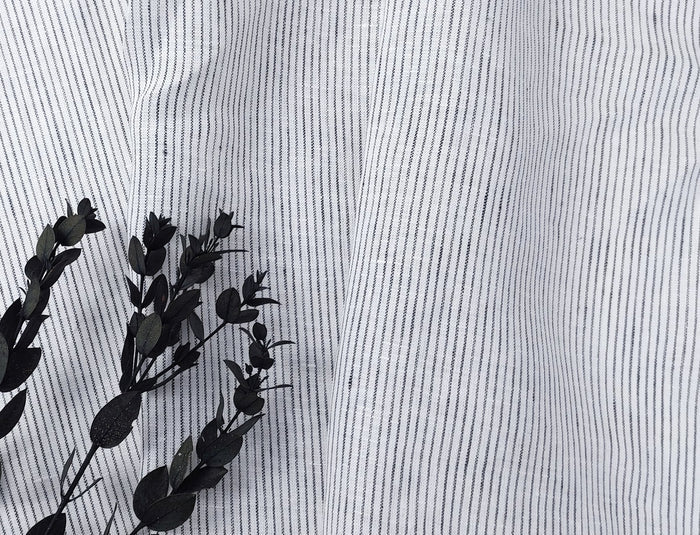 100% Linen Navy Striped White Fabric – Light and Timeless 7853 - The Linen Lab - Navy