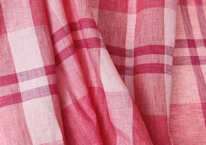 100% Linen Red Big Plaid Fabric 4573 - The Linen Lab - Red