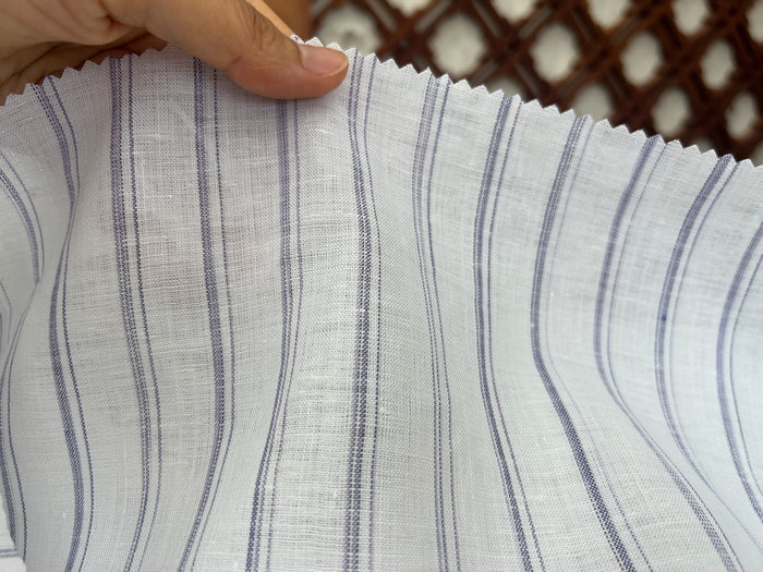 100% Linen Ticking Stripe Fabric | Bluish-Violet & Off-White | Light Weight 8399