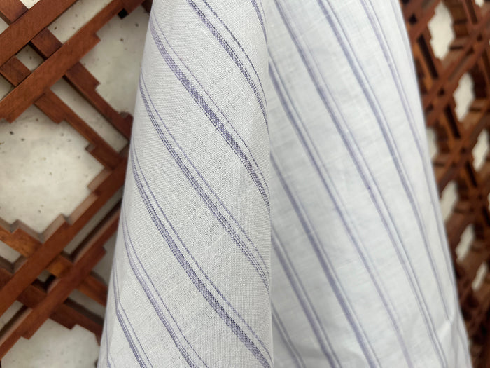 100% Linen Ticking Stripe Fabric | Bluish-Violet & Off-White | Light Weight 8399