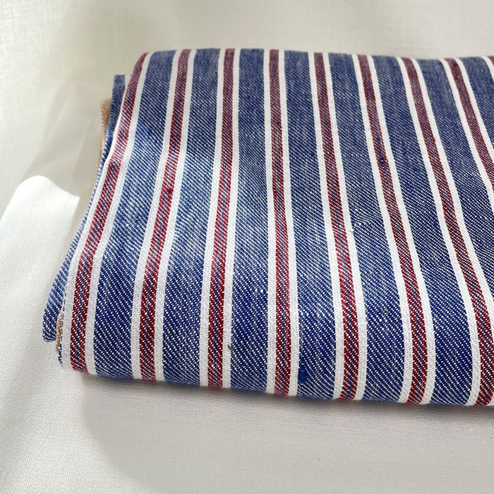 100% Linen Twill Stripe Fabric 14s 40lea (6545) - The Linen Lab - 6545 Blue