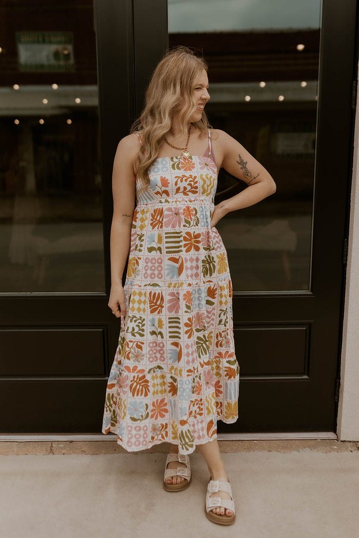 Abstract Floral Print Smocked Back Sundress