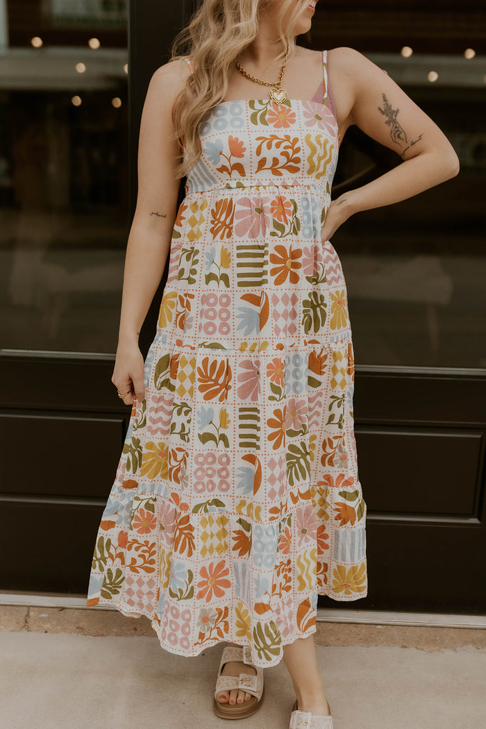 Abstract Floral Print Smocked Back Sundress