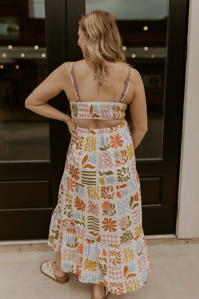 Abstract Floral Print Smocked Back Sundress
