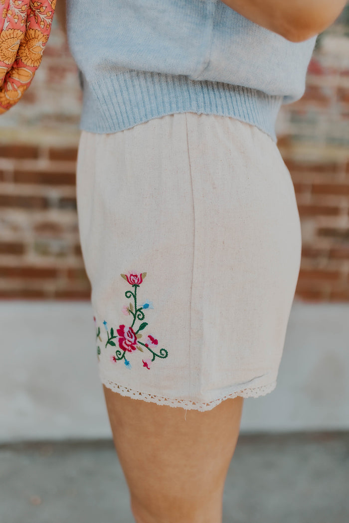 Adding Flowers Embroidered Linen Shorts
