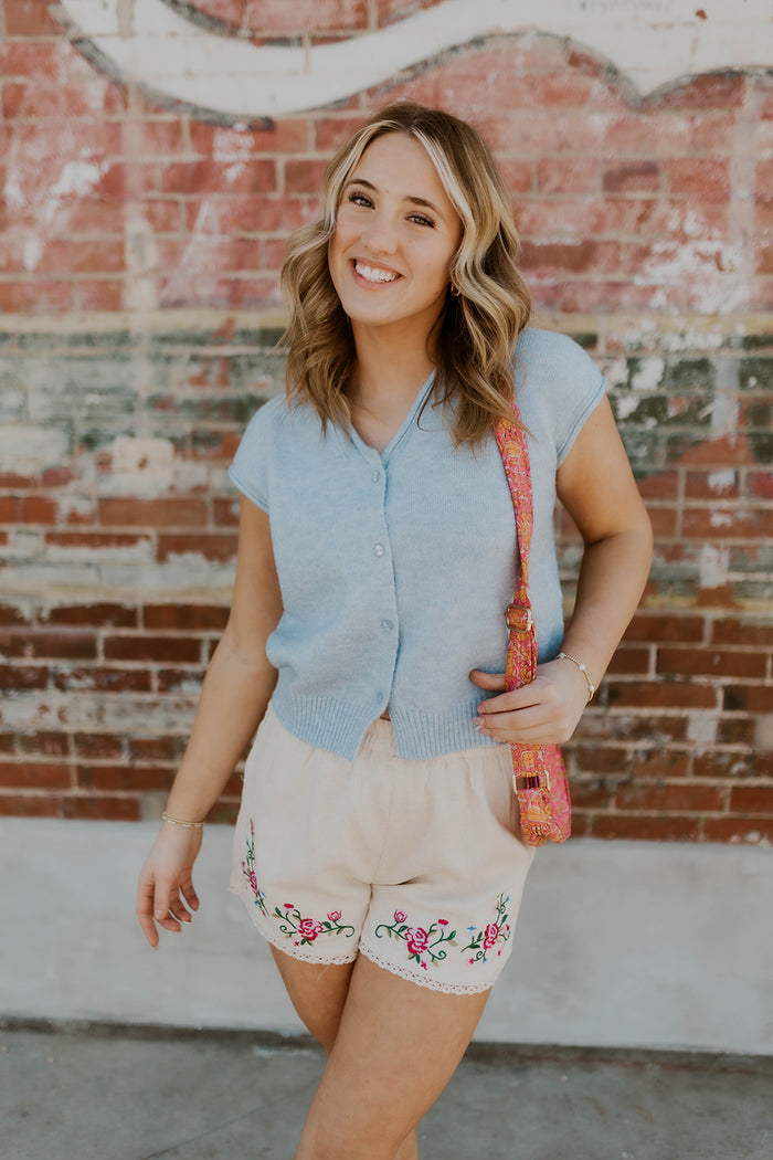 Adding Flowers Embroidered Linen Shorts