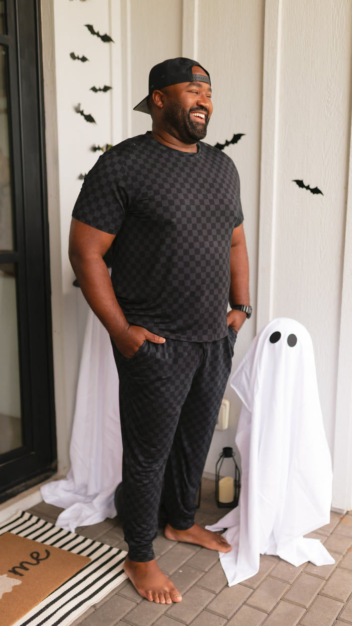 Adult Jogger Set In Grey + Black Checkered