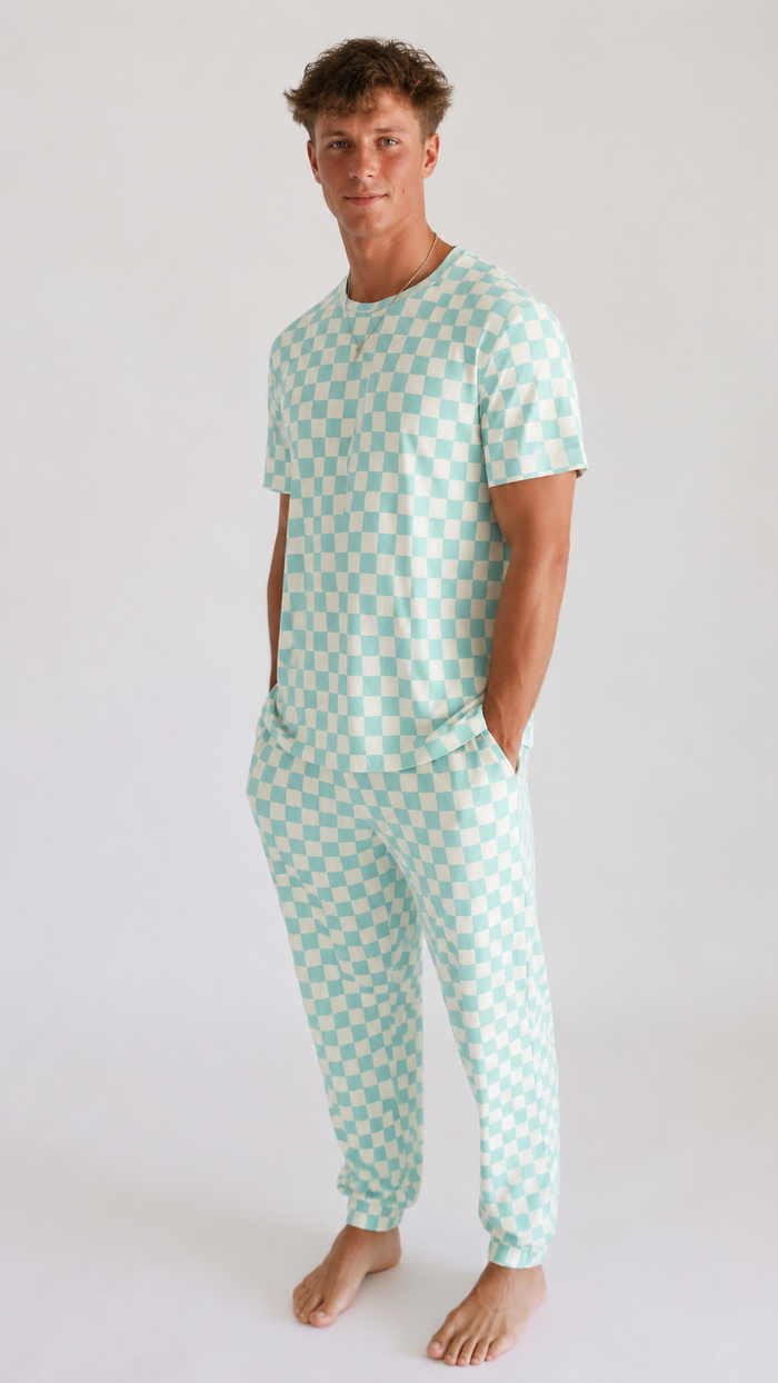 Adult Jogger Set In Teal Neon Checkered