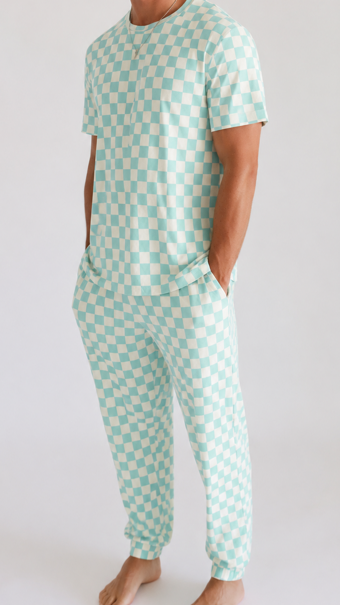 Adult Jogger Set In Teal Neon Checkered