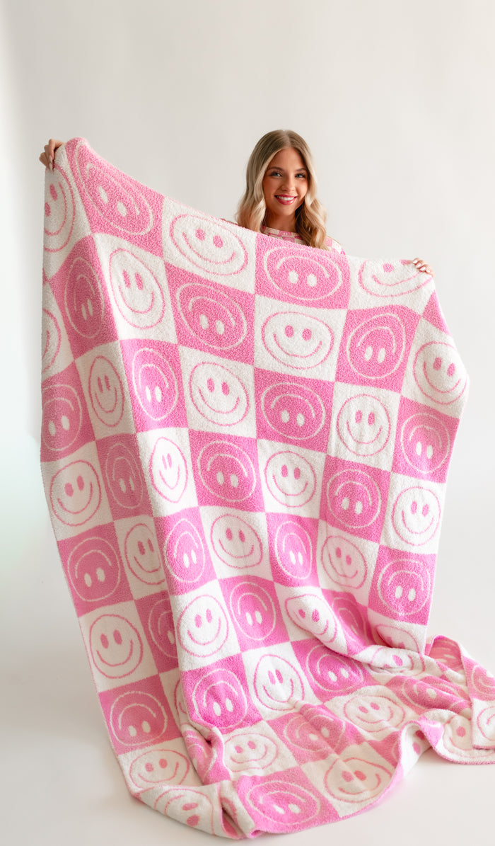 Adult Plush Throw Blanket in Pink Checkered Smiley