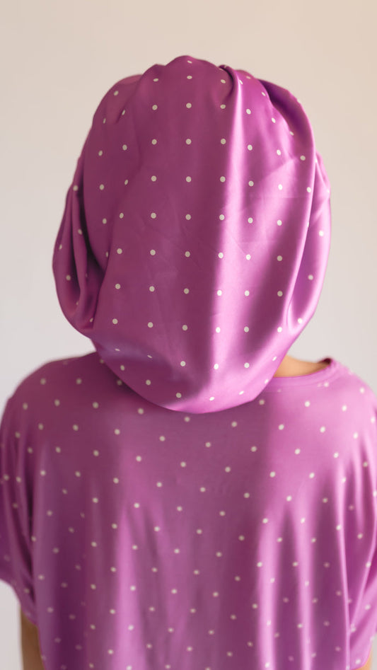 Adult Satin Bonnet in Neon Purple Polka Dots