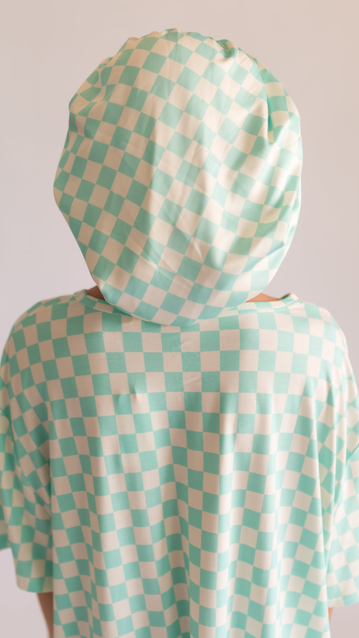 Adult Satin Bonnet in Teal Neon Checkered