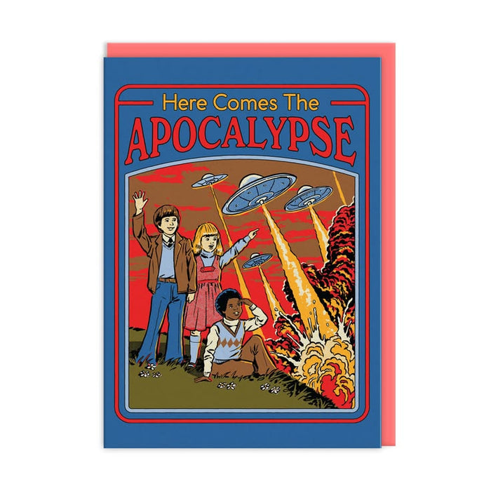 A retro-style illustrated greeting card with a blue border and the title 'Here Comes The APOCALYPSE' in red and yellow. The card shows three children facing fiery destruction, with flying saucers overhead, and is shown with a pink envelope behind it on a white background.