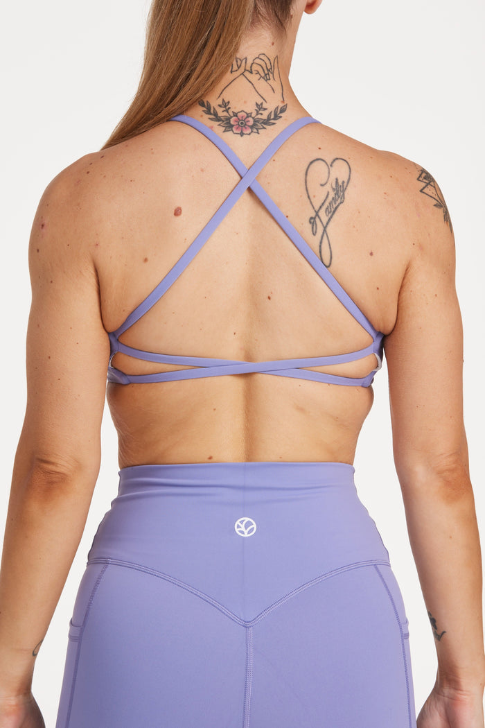 twist front bra with cross over back straps in a buttery soft lavender fabric