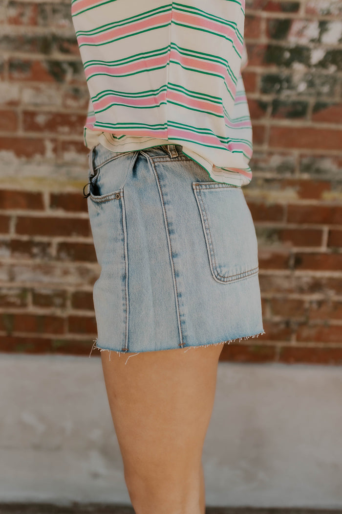 Ava Light Wash A-Line Shorts- Hidden