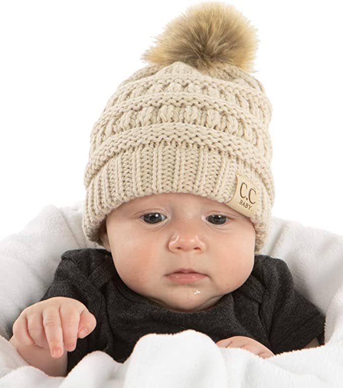 Baby Single Faux Fur Pom Beanie (Beige)