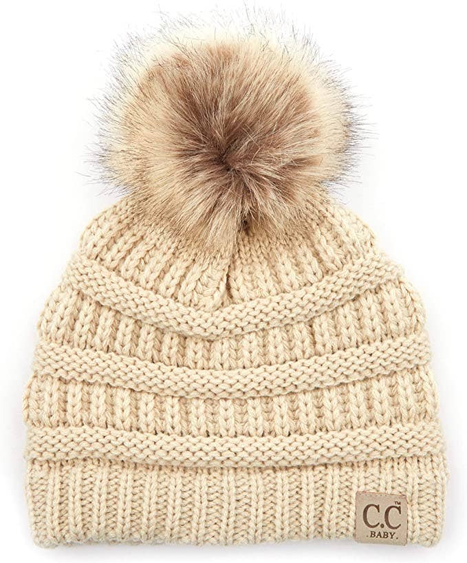 Baby Single Faux Fur Pom Beanie (Beige)