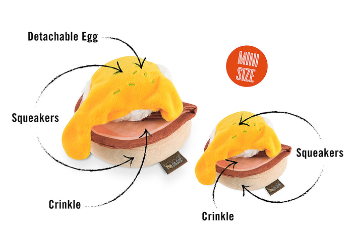 Barking Brunch Collection by P.L.A.Y. Benny's Benedict Toy with features pointed out for both sizes