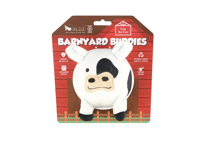 P.L.A.Y. Barnyard Buddies Cole the Cow - packaging shown with toy on barn-themed backer card