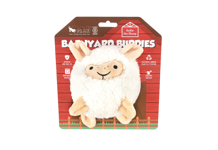 P.L.A.Y. Barnyard Buddies Sadie the Sheep - packaging shown with toy on barn-themed backer card