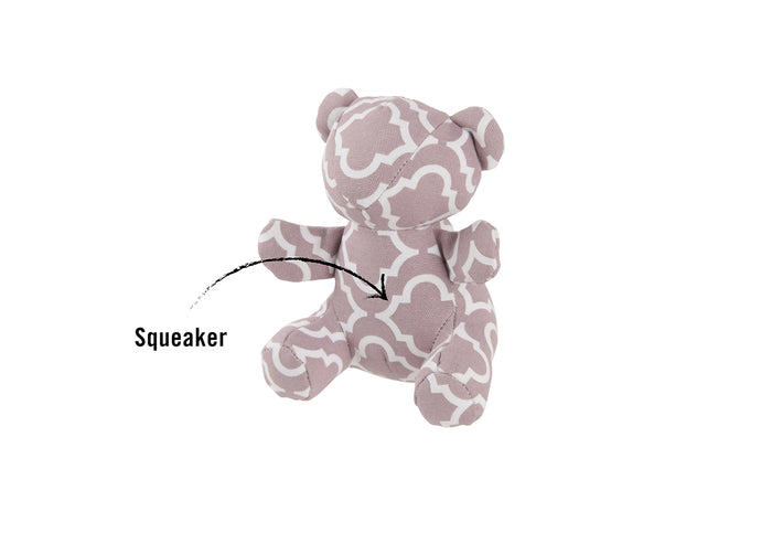 P.L.A.Y. Upcycled Zoo Pal Bear plush toy on a white background and squeaker pointed out with an arrow to the bear's stomach