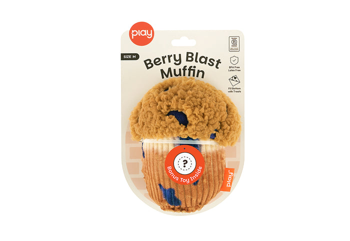Play Berry Blast Muffin, a plush muffin-shaped dog toy on backer card packaging, shown on a plain white background.