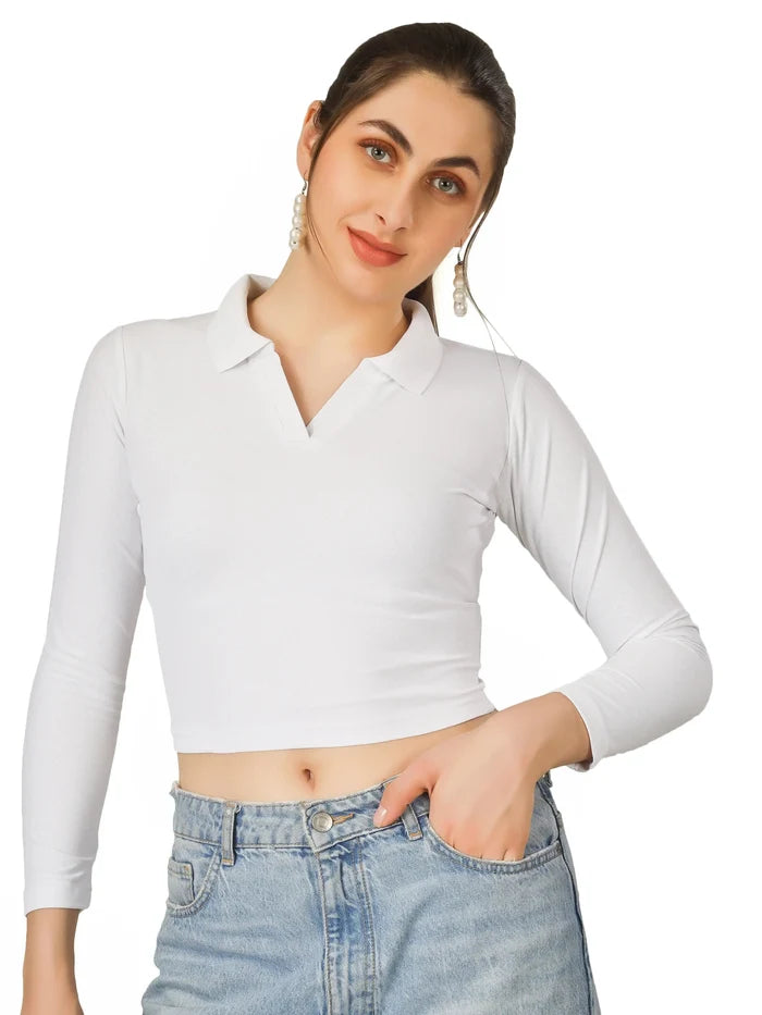 BlueFicus Women's Collared Long Sleeve Crop Top – Stylish Casual Wear Blueficus