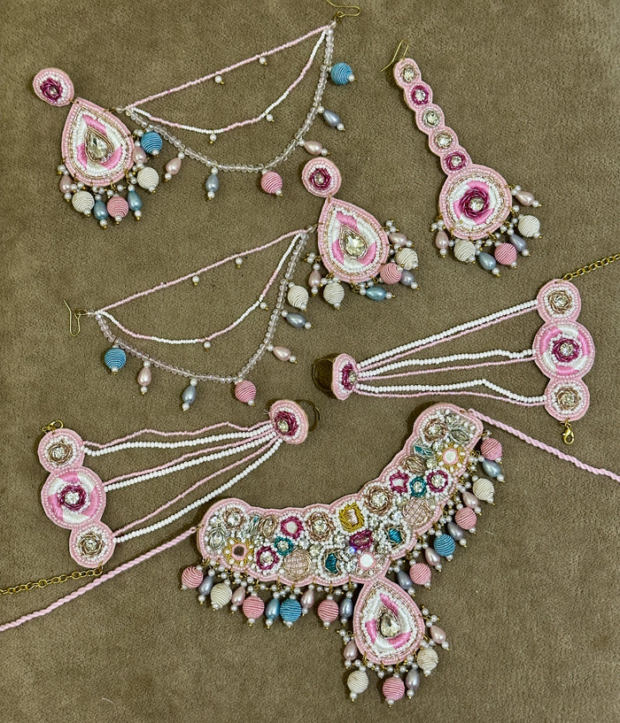Blush Pink Beaded Haldi Jewellery Set – Necklace, Earrings, Tikka & Hathphool