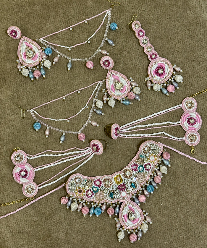 Blush Pink Beaded Haldi Jewellery Set – Necklace, Earrings, Tikka & Hathphool