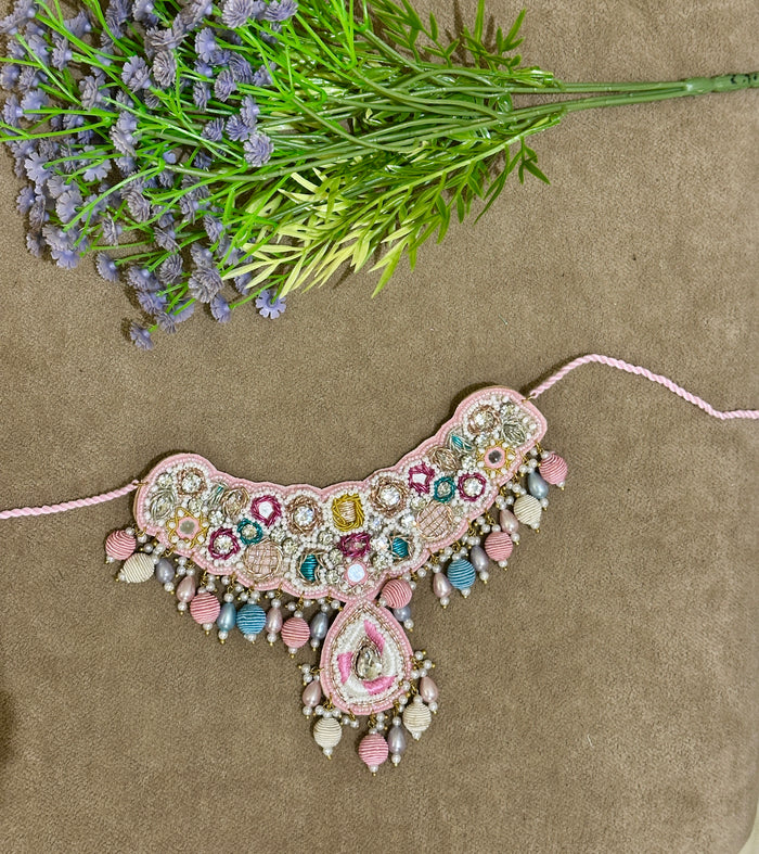 Blush Pink Beaded Haldi Jewellery Set – Necklace, Earrings, Tikka & Hathphool