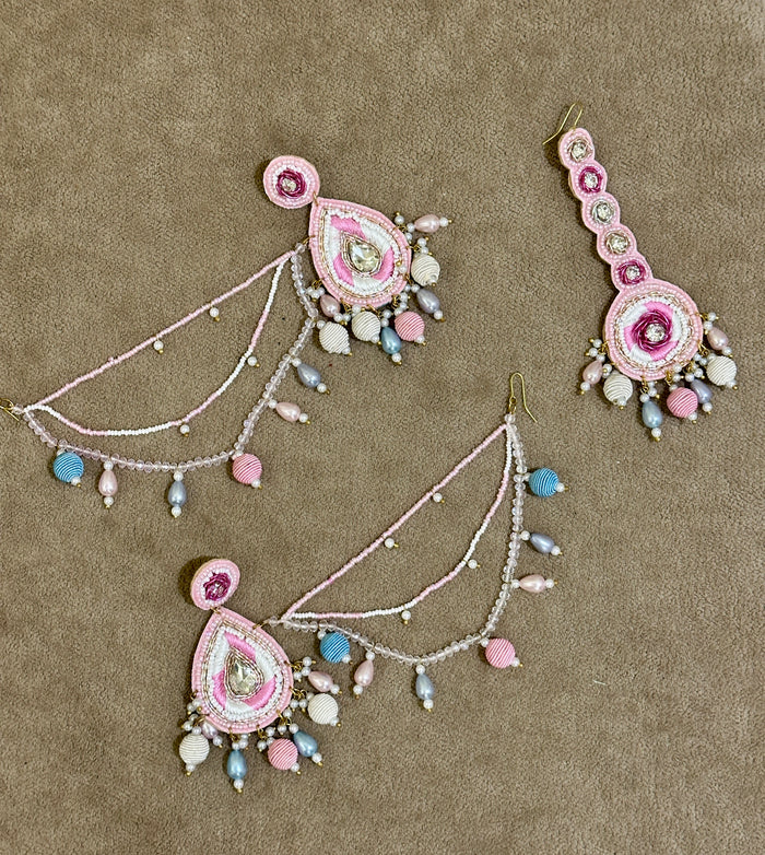 Blush Pink Beaded Haldi Jewellery Set – Necklace, Earrings, Tikka & Hathphool