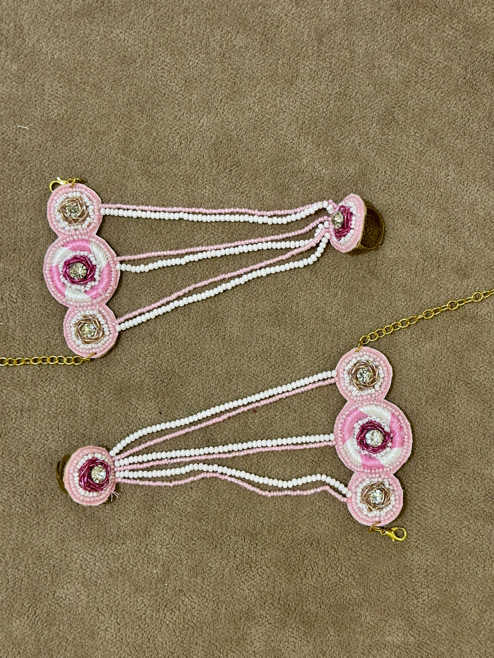 Blush Pink Beaded Haldi Jewellery Set – Necklace, Earrings, Tikka & Hathphool
