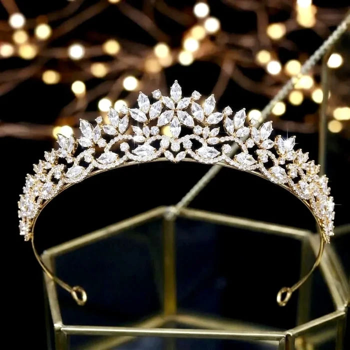 Modern CZ Bridal Tiara | Elegant Wedding Crown Silver & Gold