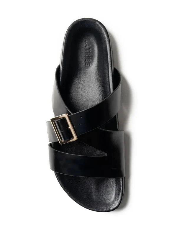 BUCKLE STRAP SLIDE in Black by La Tribe