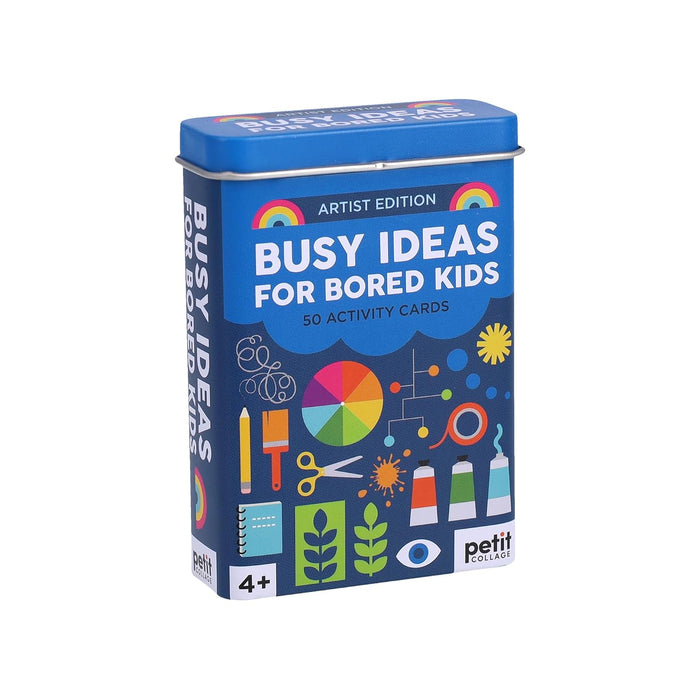 Box of 'Busy Ideas for Bored Kids' activity cards with colorful design on a white background