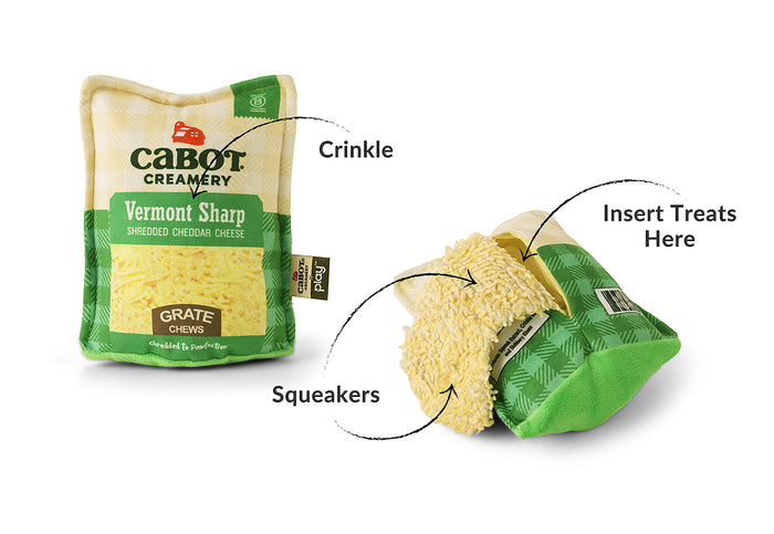 Cabot Creamery x Play Vermont Cheddar Shredder dog toy, designed after shredded cheese packaging with text labels on a white background.