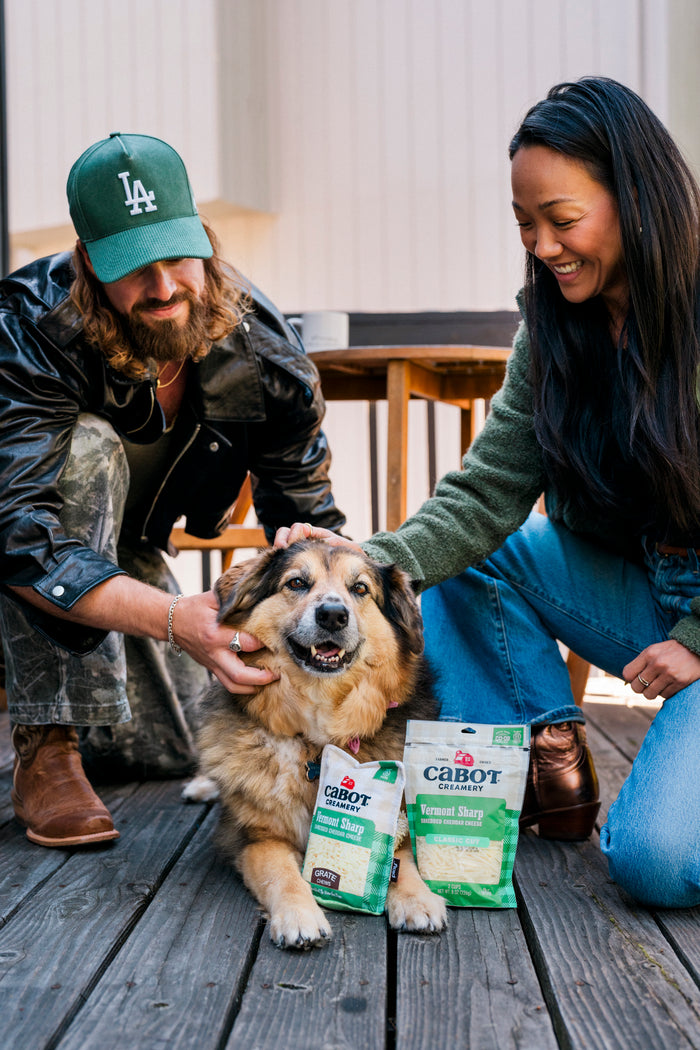Dog parents petting their dog with a Cabot Creamery x Play Vermont Cheddar Shredder dog toy and the actual Cabot Creamery shredded cheese bag next to each other on a wooden deck.