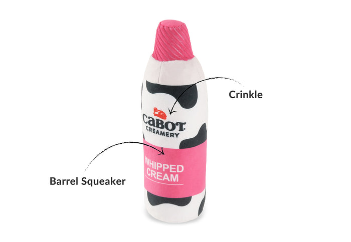 Cabot Creamery x Play Whipped Cream Crinkler dog toy with labeled features on a white background