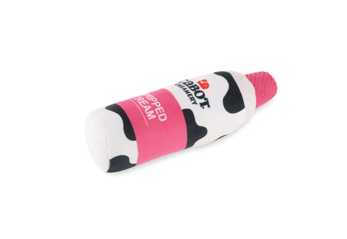 Cabot Creamery x Play Whipped Cream Crinkler dog toy lying on its side on a white background