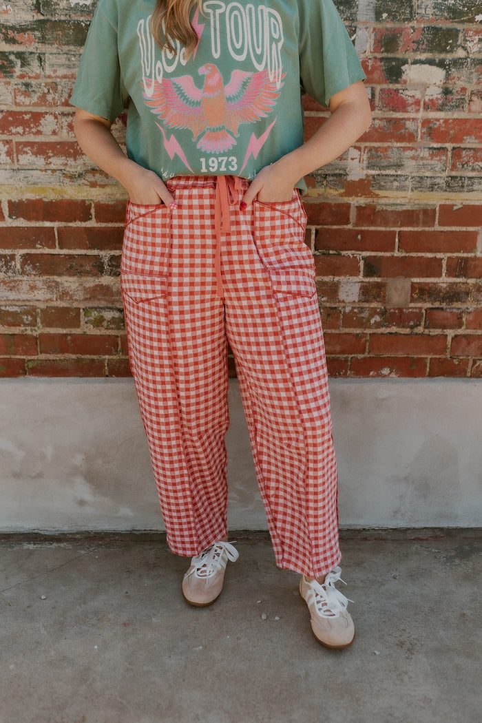 Check Mate Brushed Knit Pants- Rust/Pink
