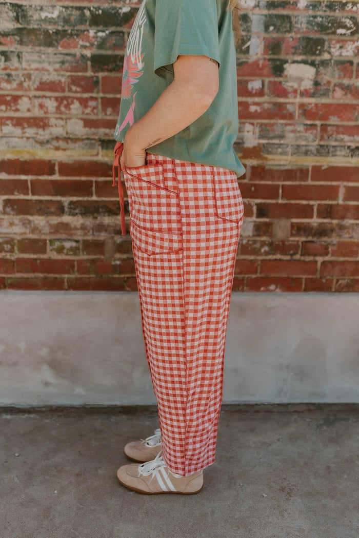 Check Mate Brushed Knit Pants- Rust/Pink