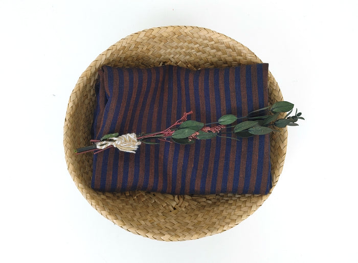 Classic brown and navy striped fabric 100% linen 7918