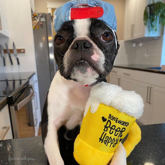 Clive & Bacon x P.L.A.Y. Barking Beer toy pictured with black and white dog wearing a backward baseball cap in kitchen