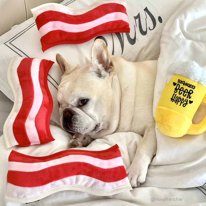 Clive & Bacon x P.L.A.Y. Toy Collab - pictured with Nova the Frenchie on a white bed with bacon toys and beer toy surrounding it