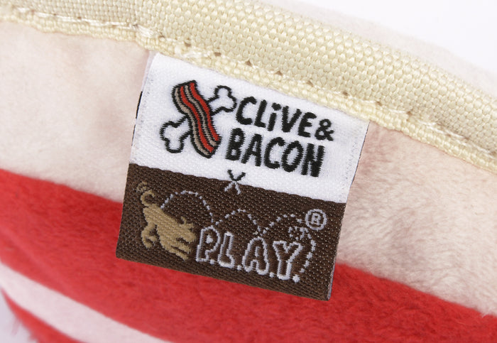 Clive & Bacon x P.L.A.Y. Crispy Bacon Toy sewn-in label close-up
