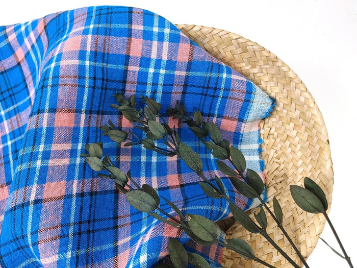 Contemporary Blue Tartan Plaid: 100% Linen Fabric, Medium-Light Weight 7570 - The Linen Lab - Blue