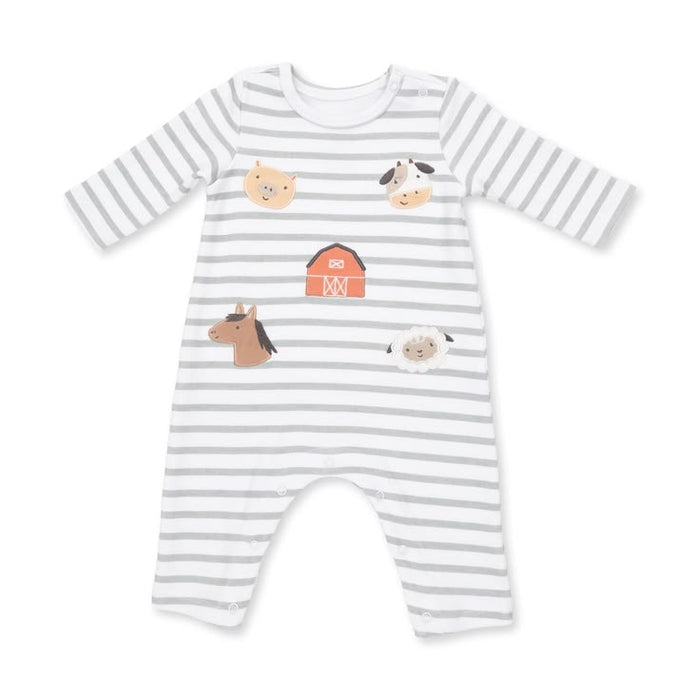 A baby long-sleeve romper with gray and white horizontal stripes, decorated with cute cartoon farm animal illustrations including a horse, cow, sheep, goat, and barn.