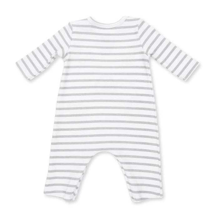 A long-sleeve baby romper with horizontal gray and white stripes, laid flat on a white background.