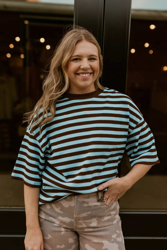 Cozy Lane Striped Top- Blue Brown
