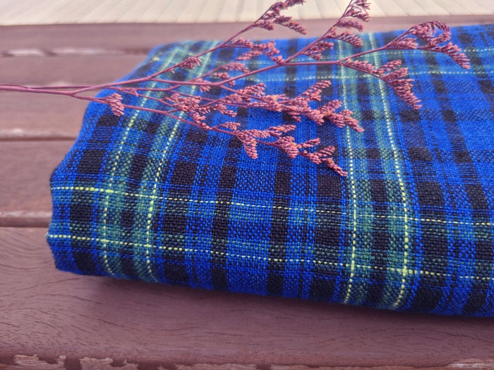 Dark Blue Plaid: 100% Linen Heavyweight Fabric 7755